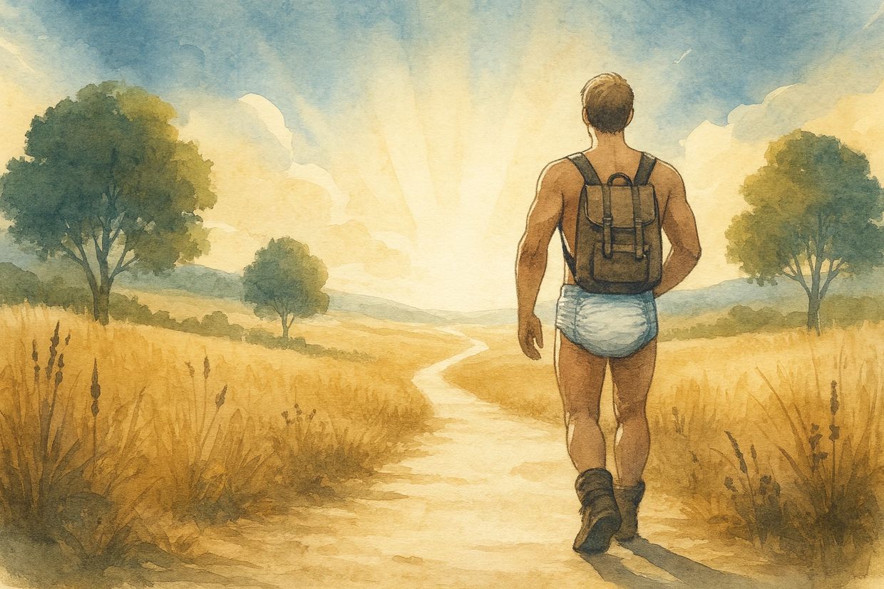 Homem adulto de fralda caminhando em trilha ao pôr do sol, aquarela.