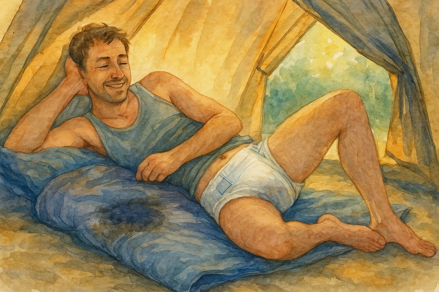 Homem adulto de fralda na cama mijada, ilustrando saco de dormir molhado da incontinência masculina