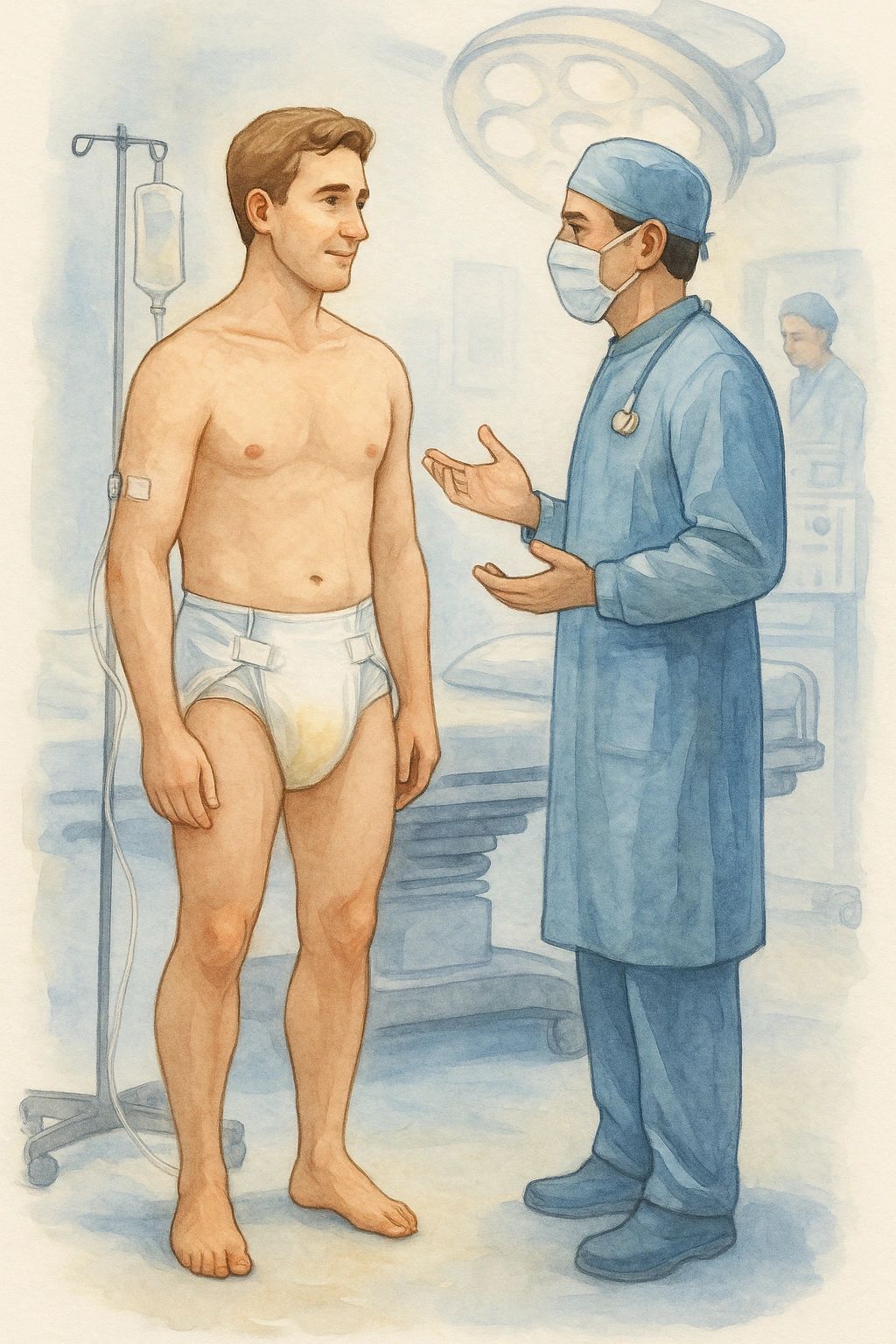 Homem adulto de fralda mijada em pé no hospital, conversando com um médico em traje cirúrgico