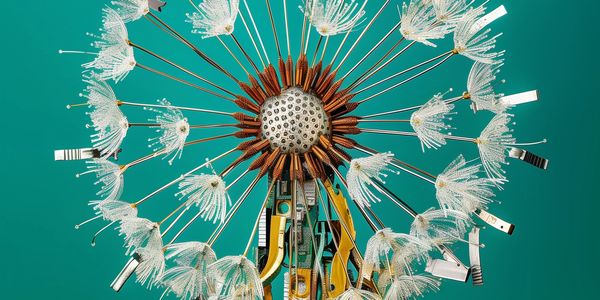 A mechanical dandelion sculpture with intricate metallic petals and circuits.