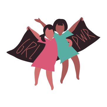 Two animated girls standing together holding a banner that says "GRL PWR"