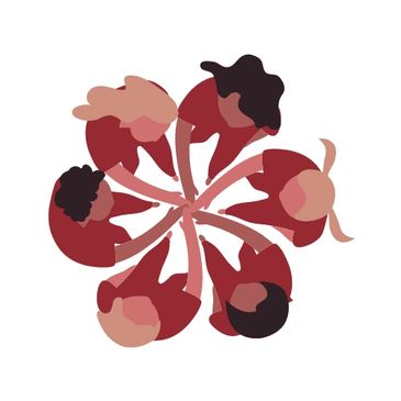 Six animated women forming a circle with their hands in the center.