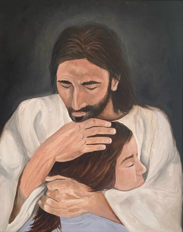 Jesus hugging a little girl.
