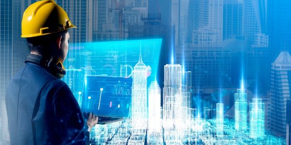 A civil engineering looking at a hologram of a building