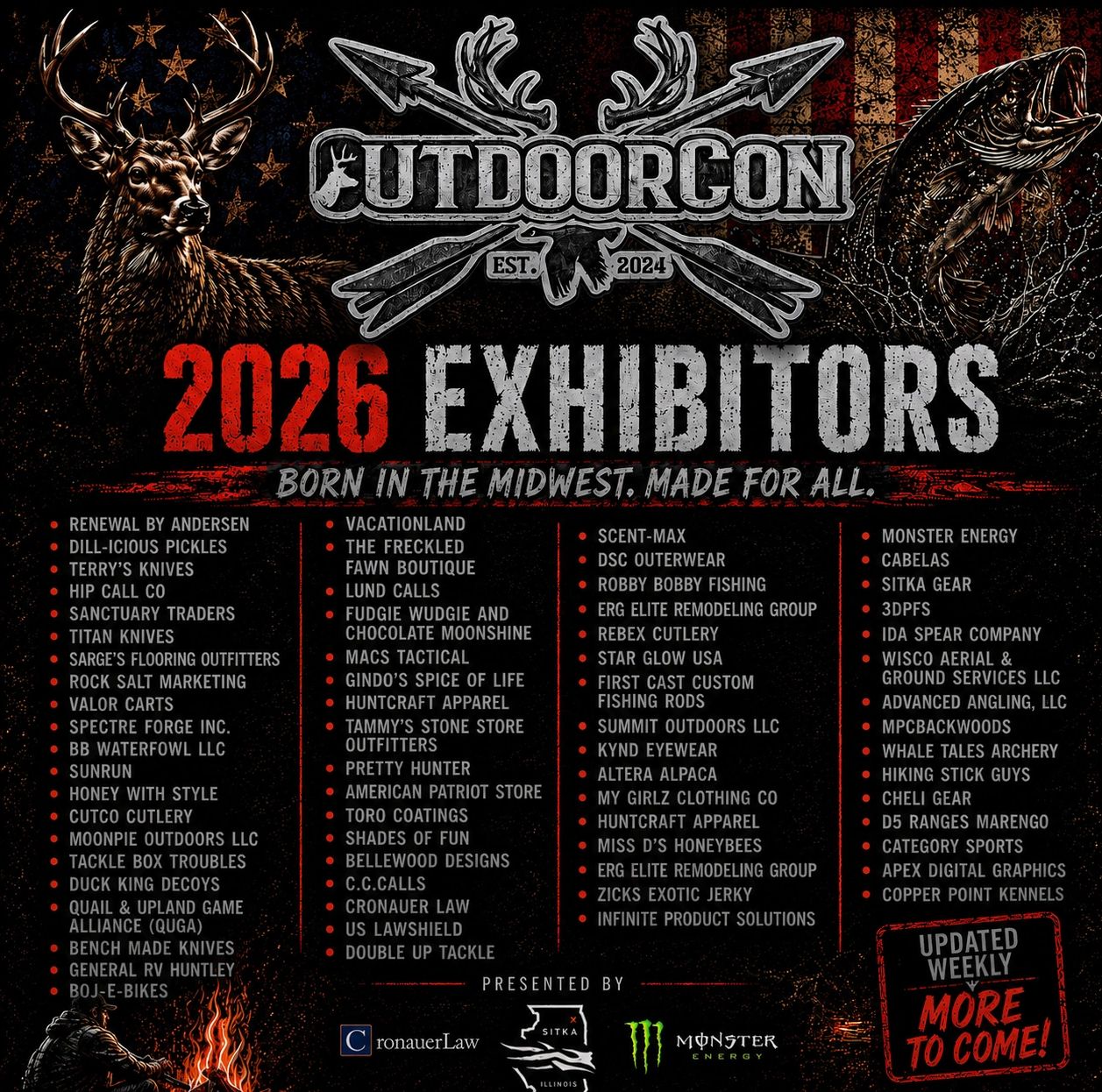 2026 OutdoorCon exhibitors list with hunting and outdoor-themed design.
