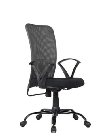 Black ergonomic office chair with mesh back and wheels.