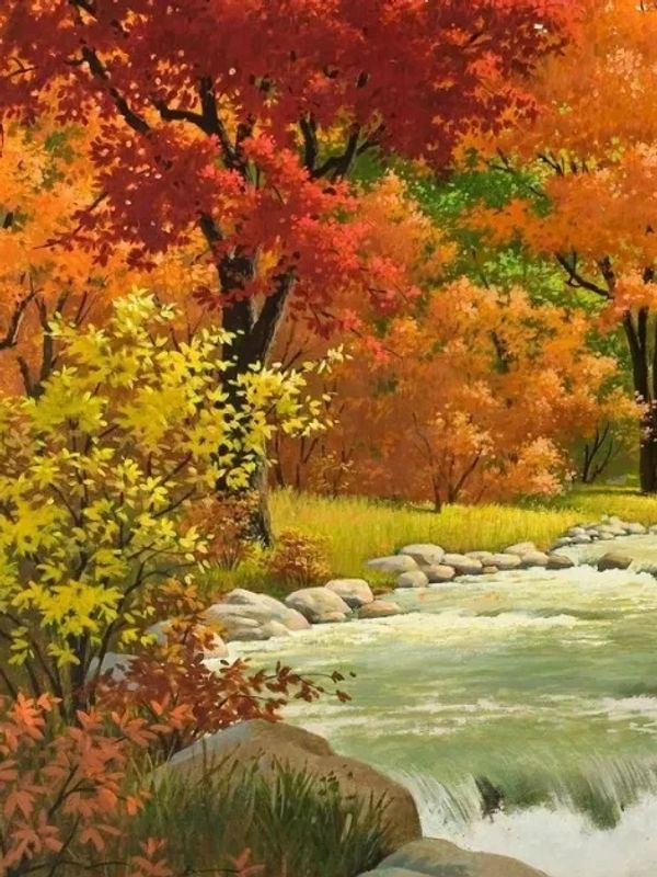 A vibrant autumn scene with colorful trees and a flowing river.