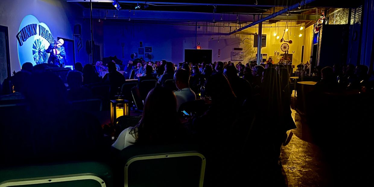 Goshen Dinner Theater, Funny Pharm Comedy Club, Sold out show. Onstage Ventriloquist Marc Rubben 