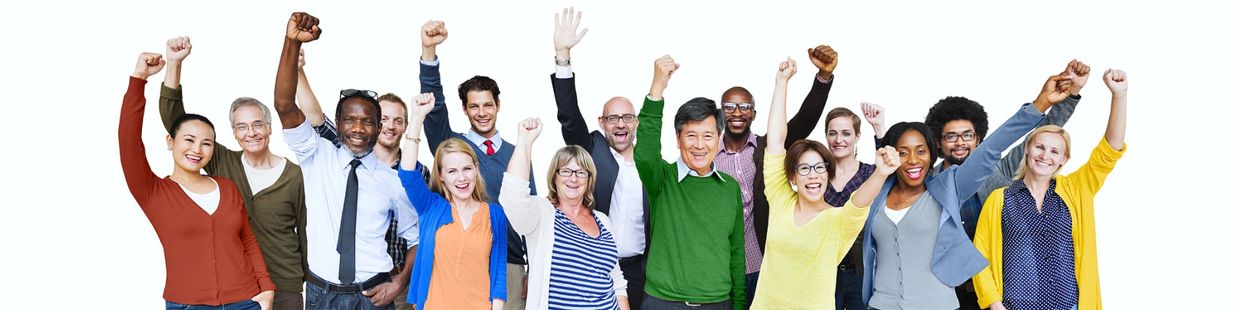 A diverse group of people raises their fists in celebration against a white background