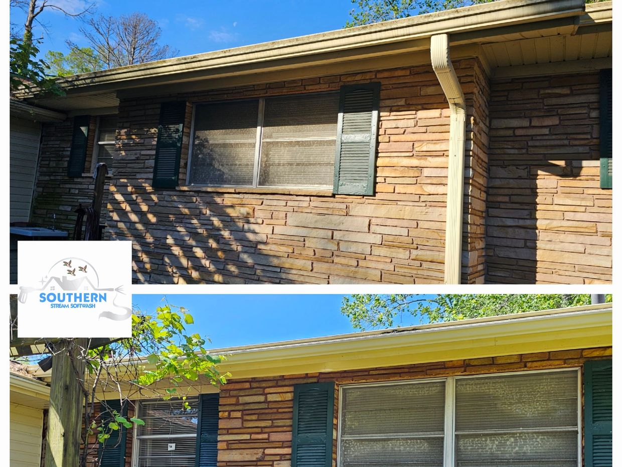  <img src=”house.jpg” alt=”stone house with white soffits before and after a gutter cleaning”/>