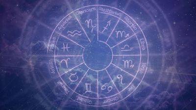 A zodiac wheel with astrological symbols for each sign, set against a cosmic backdrop with stars. 