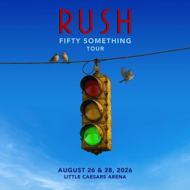 Rush Fifty Something Tour poster with a traffic light and birds.