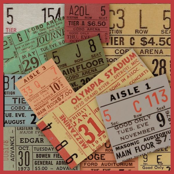 Collection of vintage concert tickets from various venues and dates.