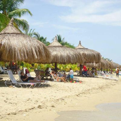 People relaxing under straw umbrellas on a sunny beach.