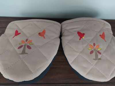hand painted with fall scene pair of oven mitts