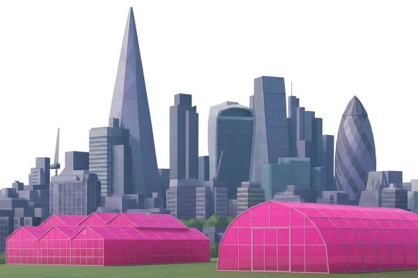 Modern city skyline with pink greenhouses in the foreground.