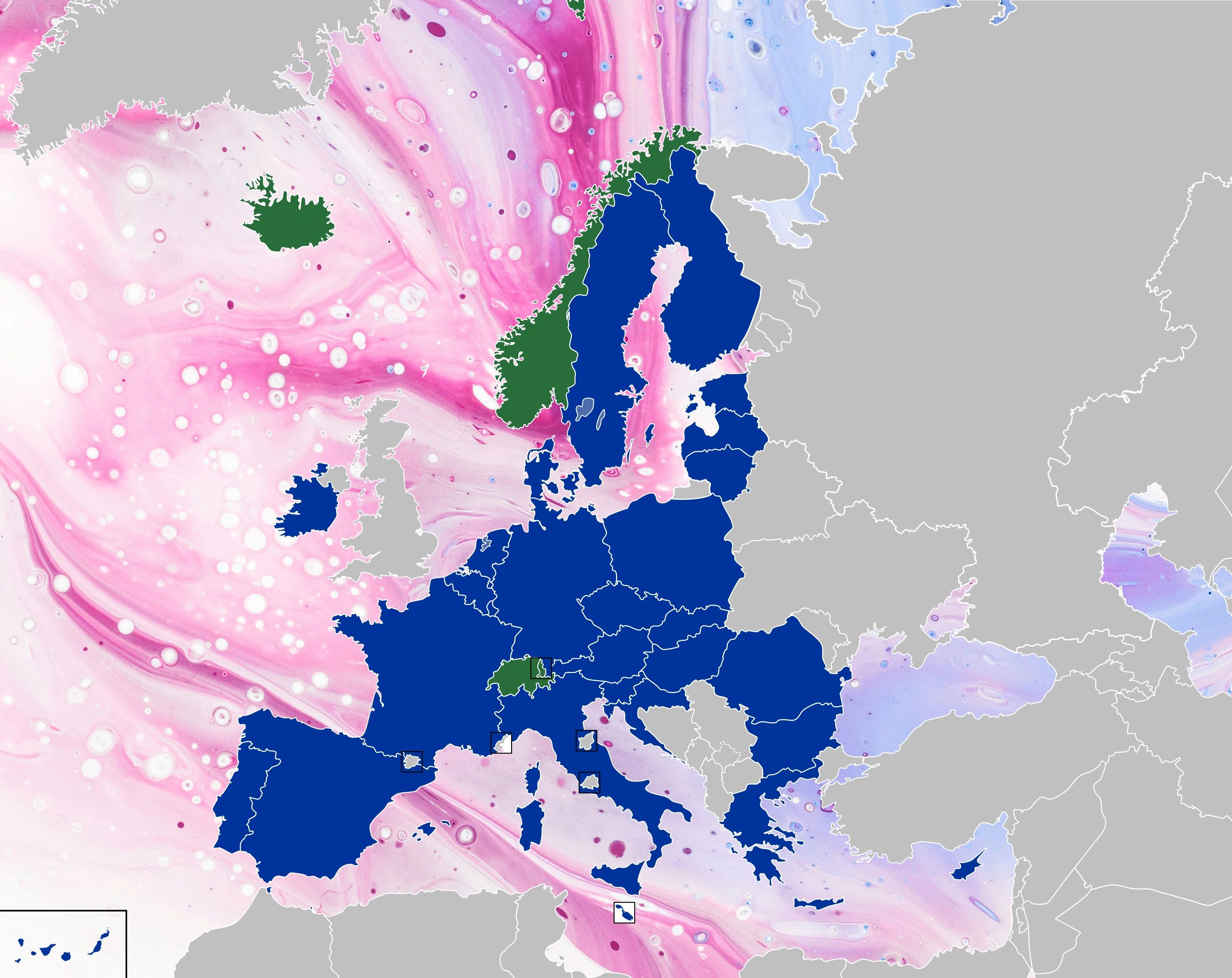 A map of Europe. EU countries highlighted in blue. EFTA countries highlighted in green.