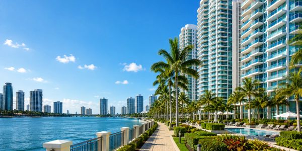 Waterfront walkway with tall buildings and palm trees.