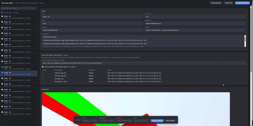Screenshot of BCF Issue Editor showing issue details and 3D model snapshot with highlighted elements.