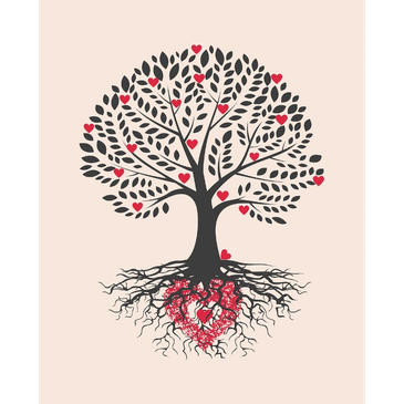 Tree with heart-shaped roots and red hearts on branches.