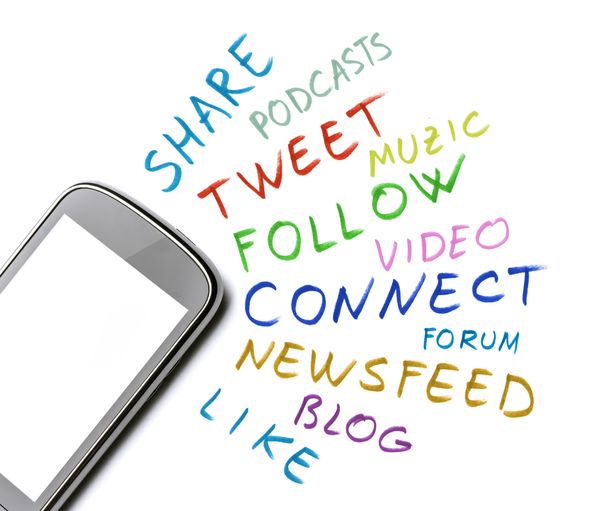 a cell phone screen surrounded by social media terms share, podcasts, tweet, follow, like, connect