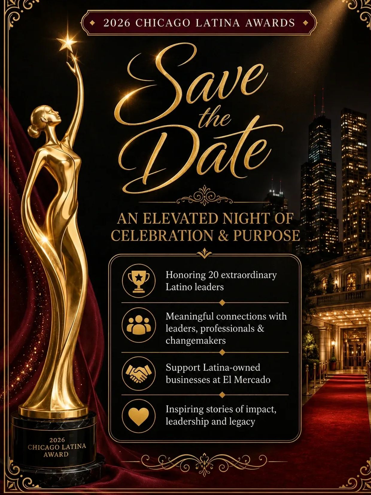 2026 Chicago Latina Awards Save the Date announcement with a golden statue and city skyline.
