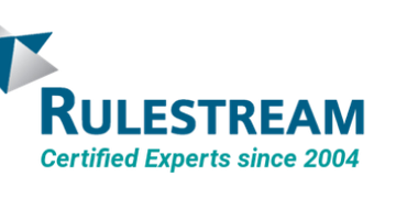 Logo of RuleStream certified in August 2014 featuring a blue and gray triangular design.