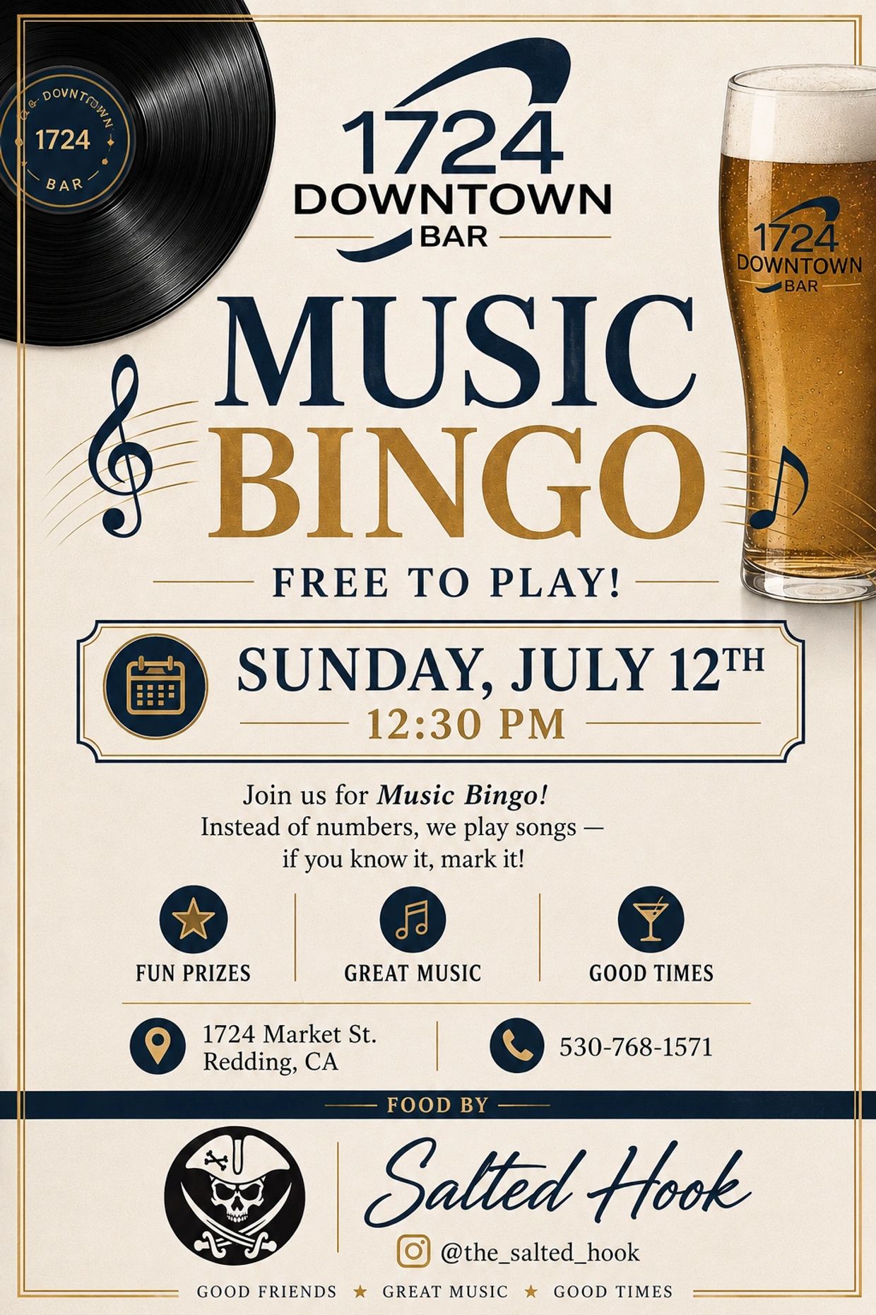 Music bingo event at 1724 Downtown Bar on July 12th.