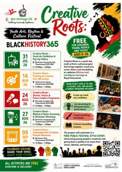 Creative Roots Black History 365 youth arts festival with workshops and performances.