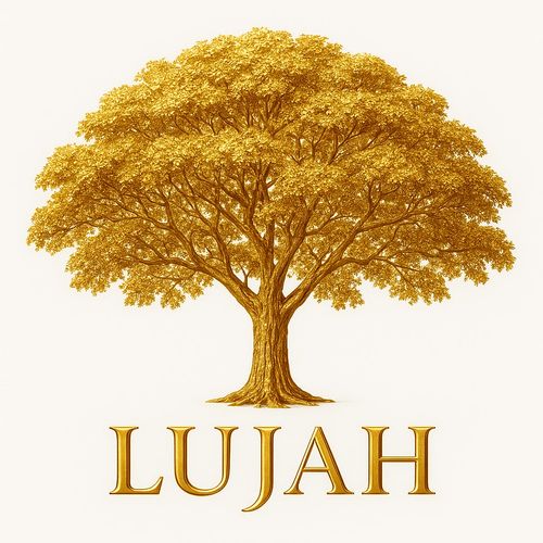 Golden tree with the word 'LUJAH' beneath it on a white background.