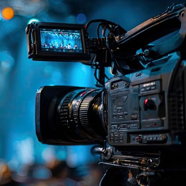 Professional video camera filming a live event with colorful stage lights.