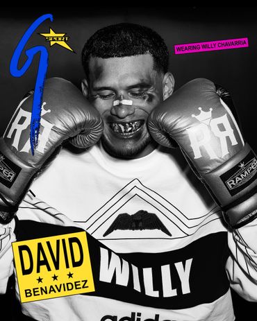 David Benavidez posing with boxing gloves and a confident smile.