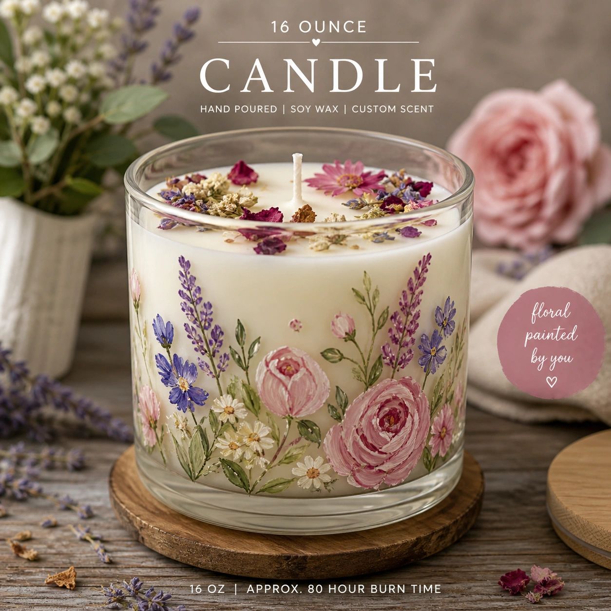 Hand-poured soy wax candle with floral designs and dried flowers on top.