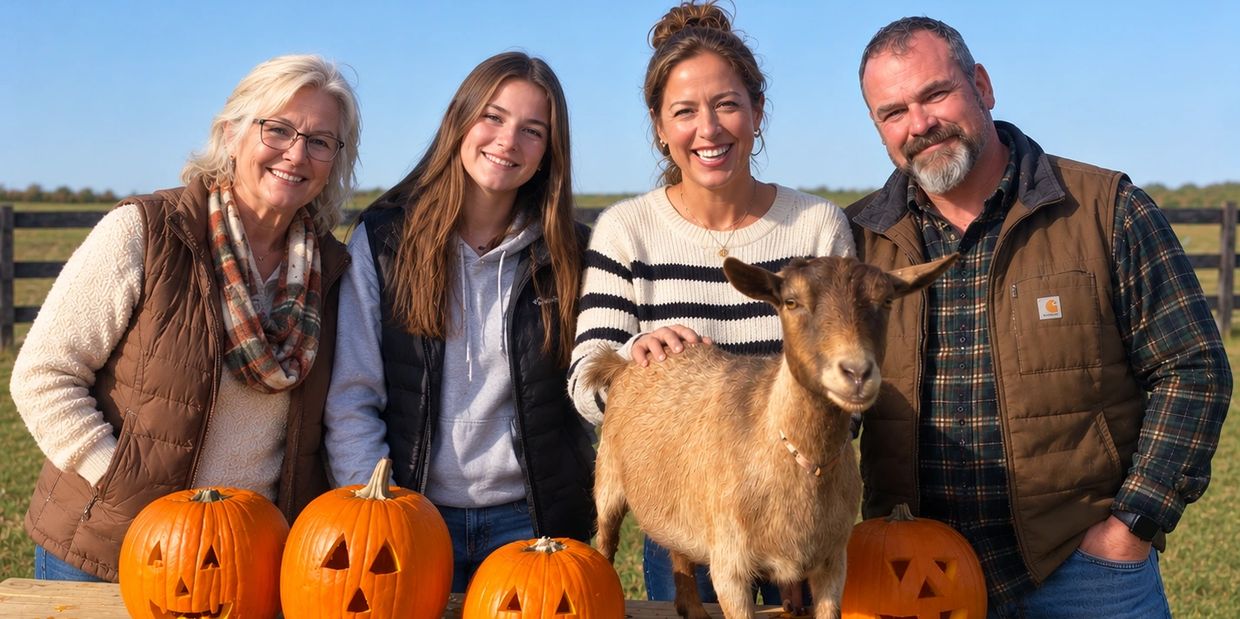 Family with a goat and carved pumpkins outside.