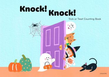 Colorful Halloween children's book with a text, Knock! Knock! There are various Halloween characters