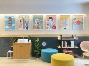 Colorful paintings for Section L, modern hotel in Tokyo. The artworks are Japan-themed. 