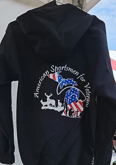Black hoodie with patriotic American Sportsmen for Veterans design.