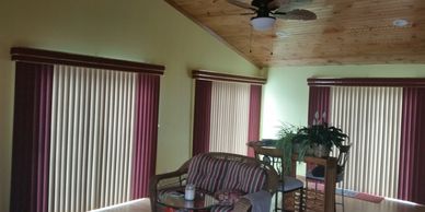 Two Tone Vertical Blinds with a Double Deluxe Valance with Gold Trim