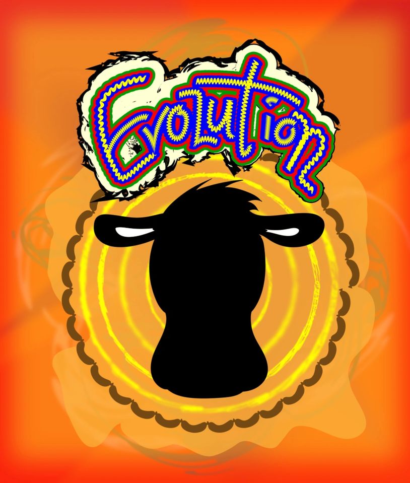 Colorful graffiti-style 'Evolution' text above a black silhouette of a cow's head on an orange background.