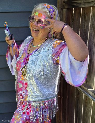 Woman in colorful, retro hippie-inspired outfit and accessories.