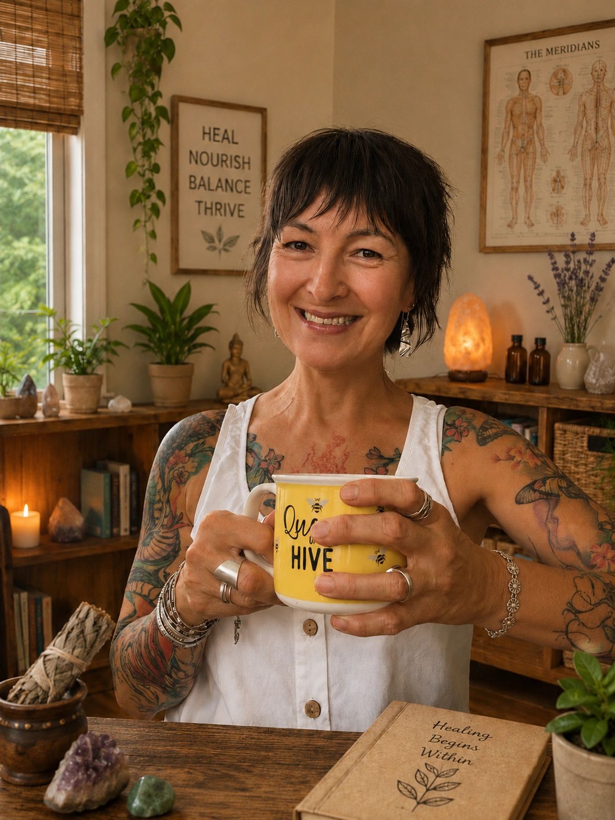 Smiling tattooed woman holding a yellow mug in a cozy healing space.
