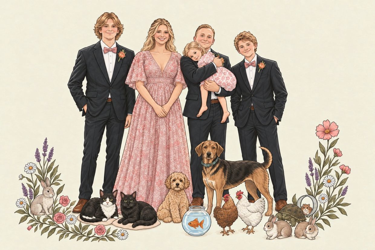 A formal family portrait with pets and floral decorations.