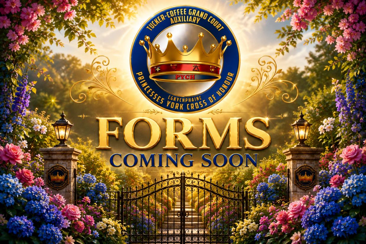 Golden crown emblem with floral garden and gate, 'Forms Coming Soon' text.