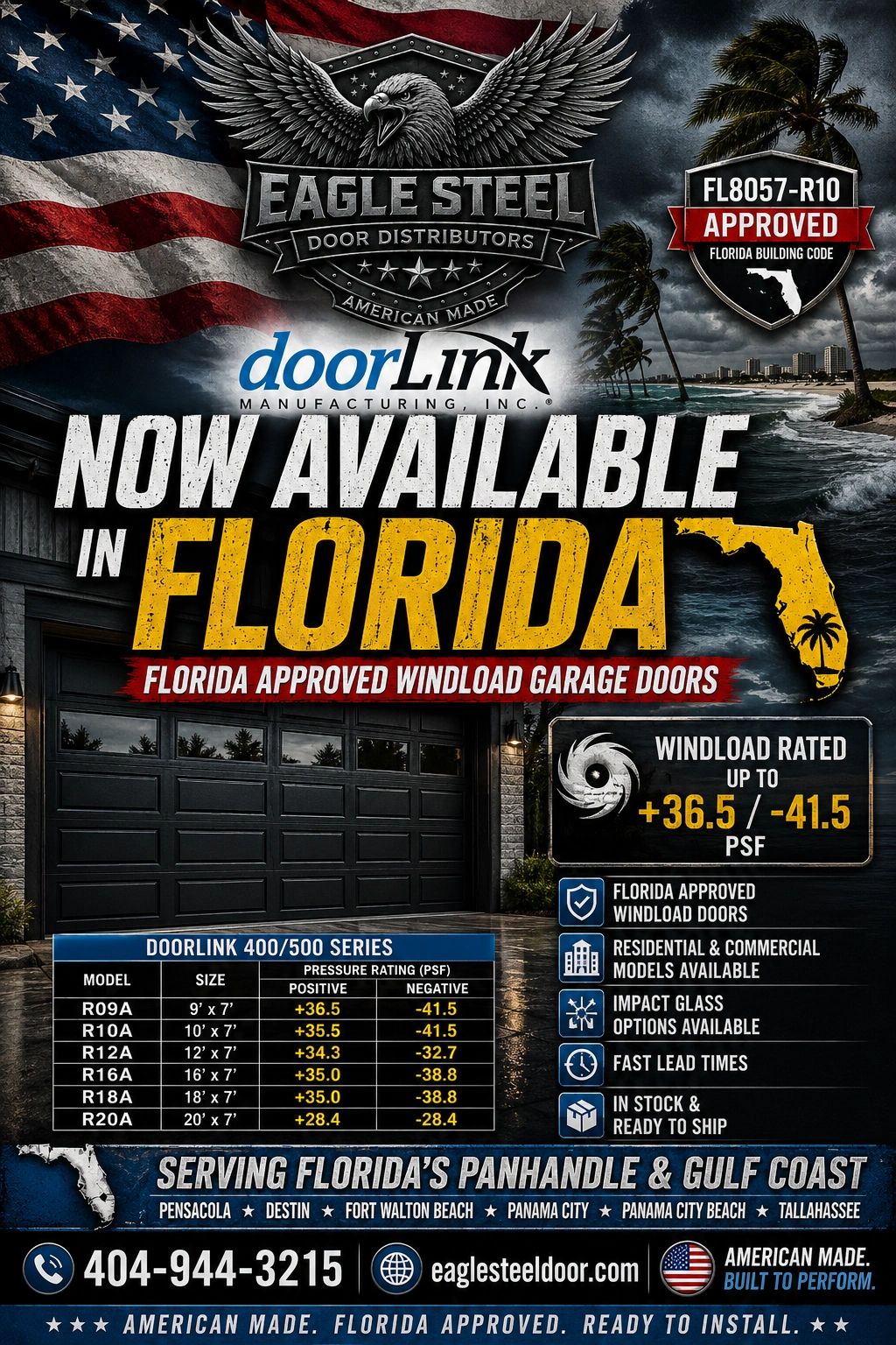 Eagle Steel offers Florida-approved windload garage doors with fast lead times and impact glass options.