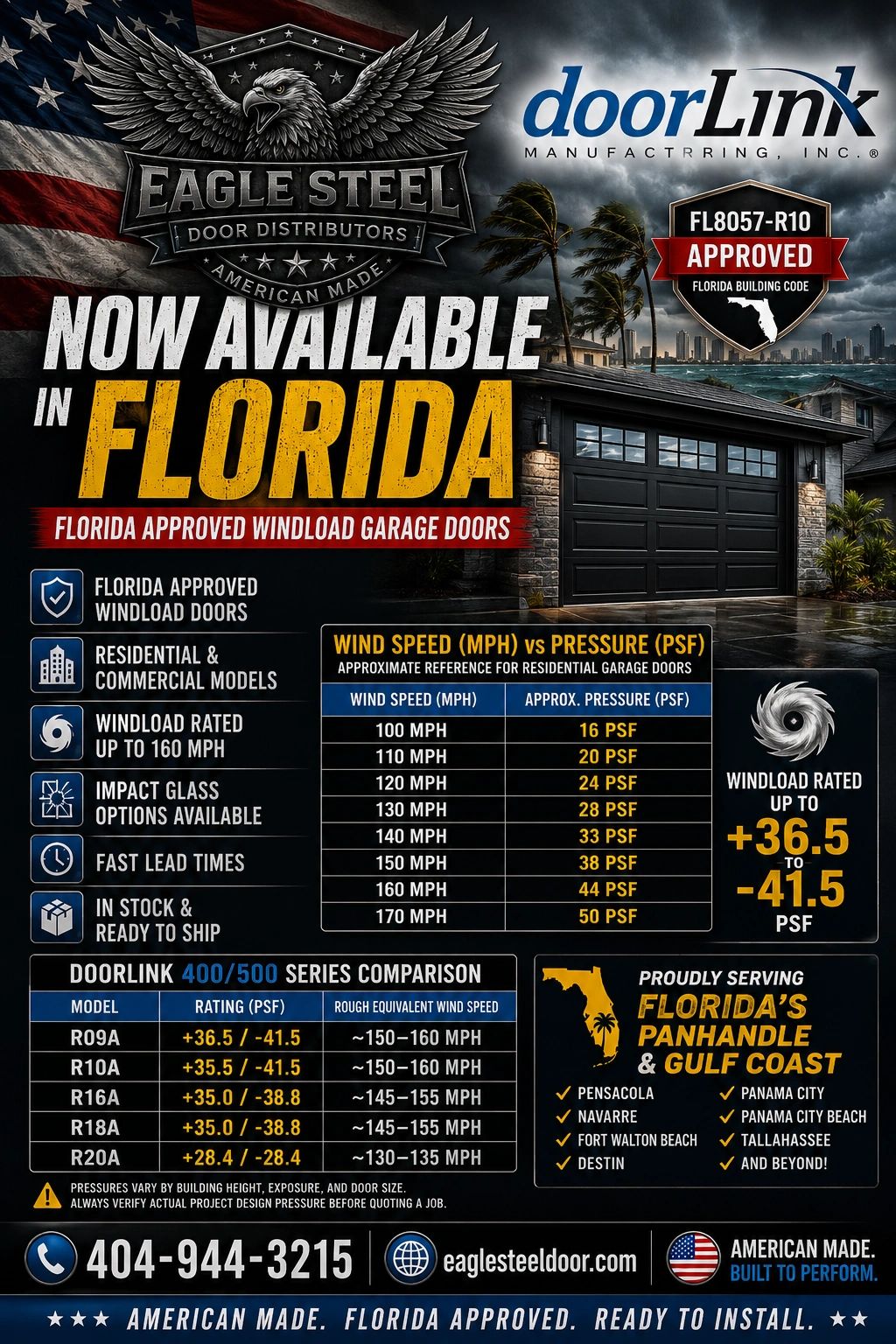 Advertisement for Florida-approved Eagle Steel windload garage doors with various models and wind speed ratings.