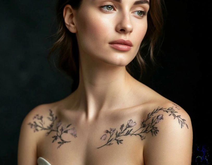 Woman with delicate floral tattoos on her shoulders against a dark background.