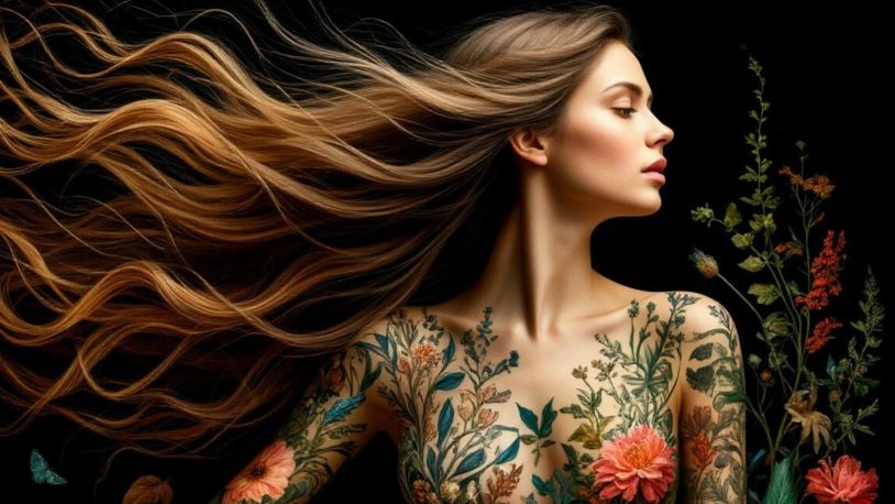 Woman with flowing hair and floral tattoos blending with nature.