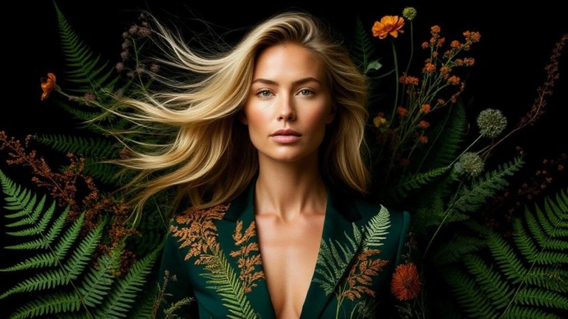 Blonde woman with flowing hair surrounded by green ferns and orange flowers.