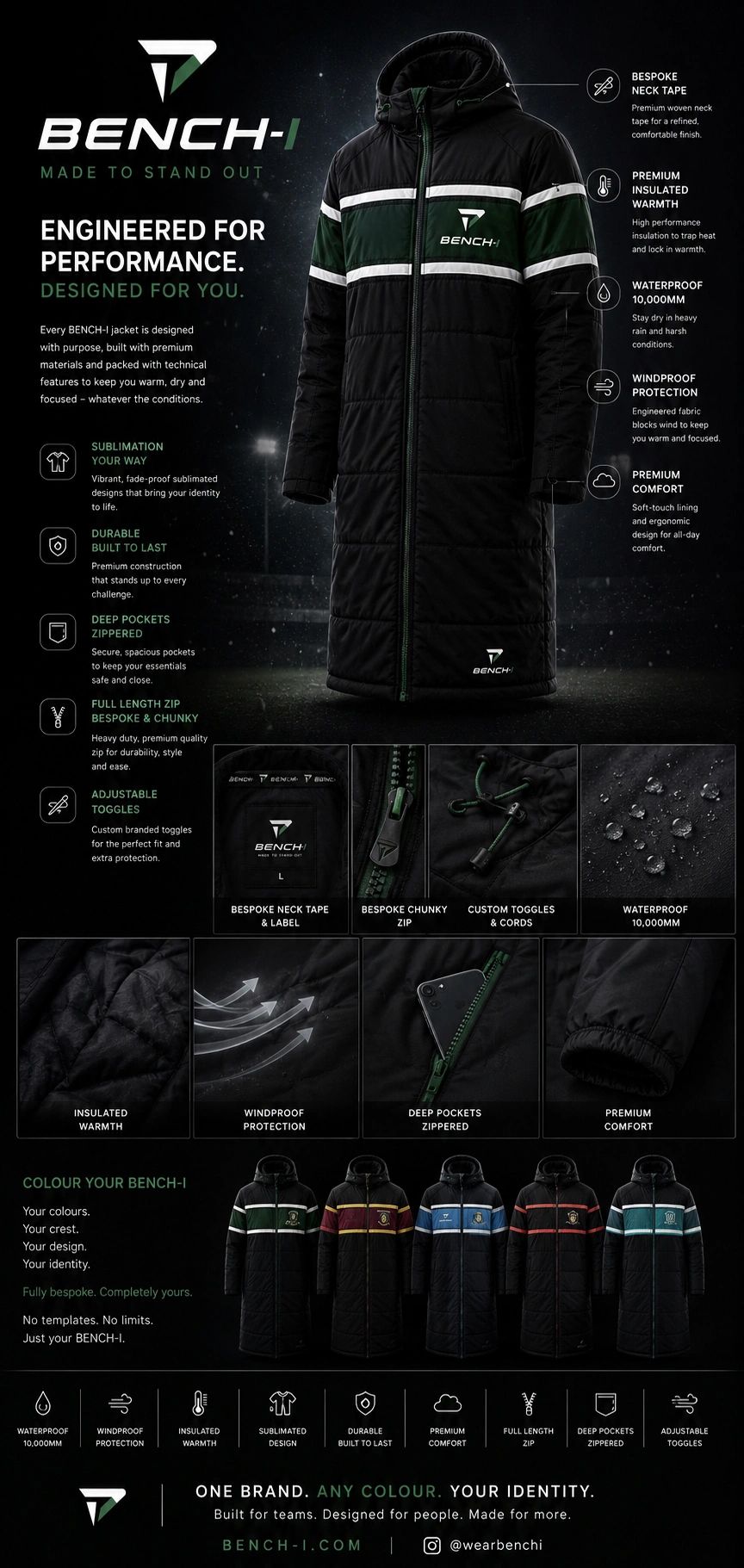 Bench-I jacket designed for warmth, durability, and comfort with customizable features.