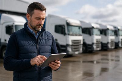 Man using tablet in front of parked trucks outdoors.